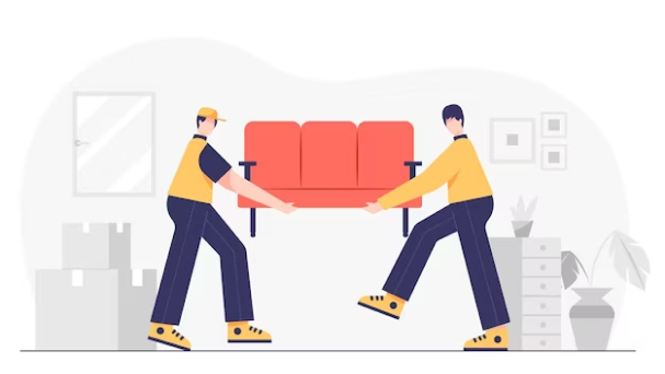 Two men carrying a couch in a room during a local moving process.